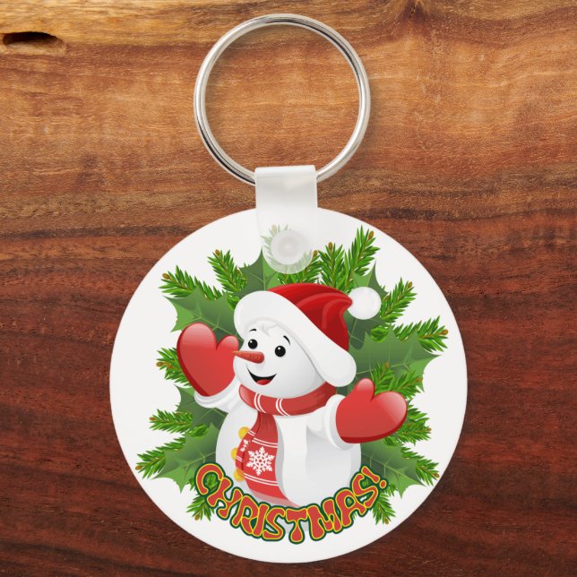 Baby Snowman with Crystal Snowflakes Ornament Key Ring (Front)