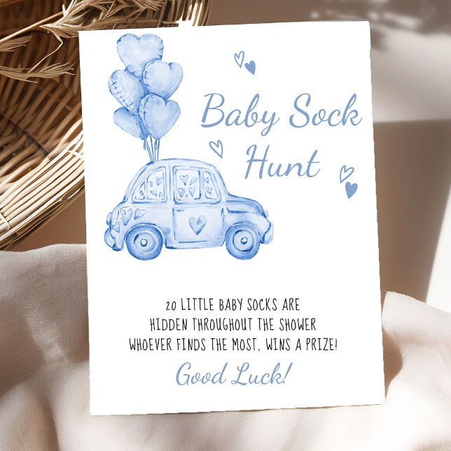 Baby Sock Hunt Blue Car Balloons Baby Shower Game Poster (Baby Sock Hunt baby shower game poster - available printed or digital - by Darling & May)