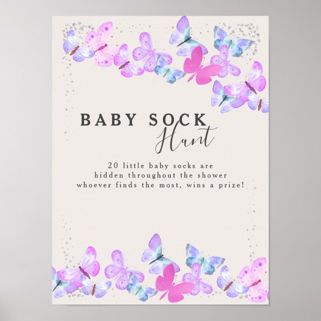 Baby Sock Hunt Butterfly Skies Baby Shower Game Poster (Front)