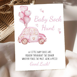 Baby Sock Hunt Pink Car Balloons Baby Shower Game Poster