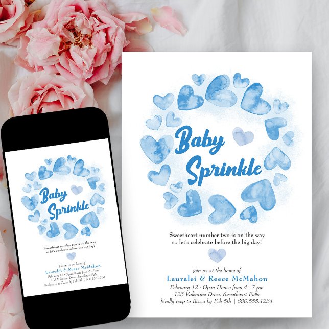 Baby Sprinkle Blue Valentines Little Sweetheart Invitation (Baby Sprinkle Blue Love Heart Baby Shower Invitation)