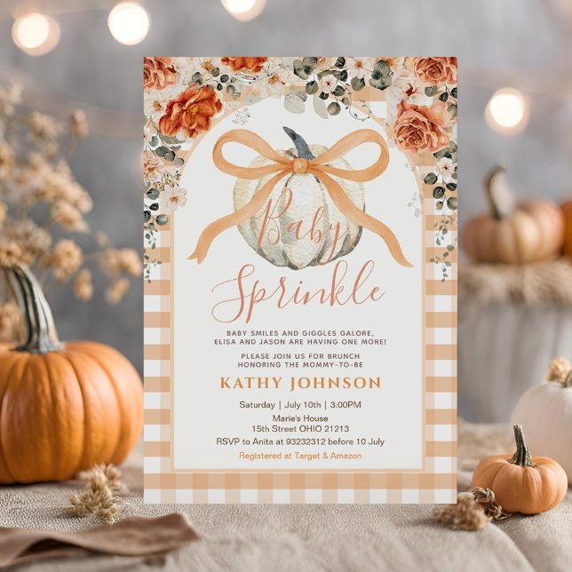 Baby Sprinkle Bow Gingham Pumpkin Baby Shower Invitation (Creator Uploaded)
