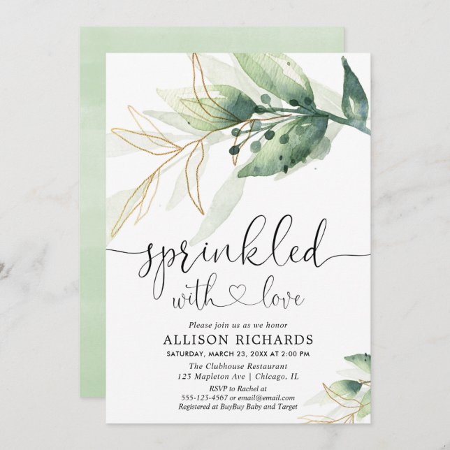 Baby sprinkle gender neutral greenery gold green invitation (Front/Back)