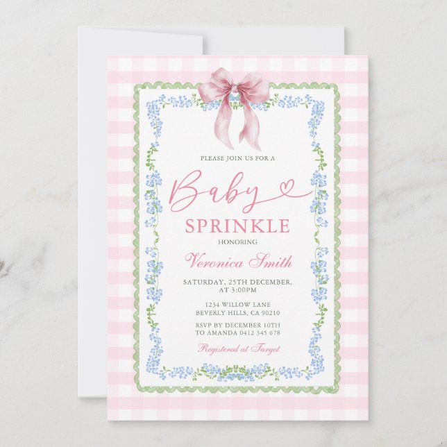 Baby Sprinkle Invitation Pink Gingham Floral Bow (Front)