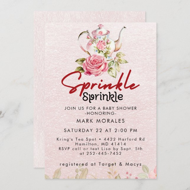 Baby Sprinkle Pink Tea Party Watercolor Invitation (Front/Back)