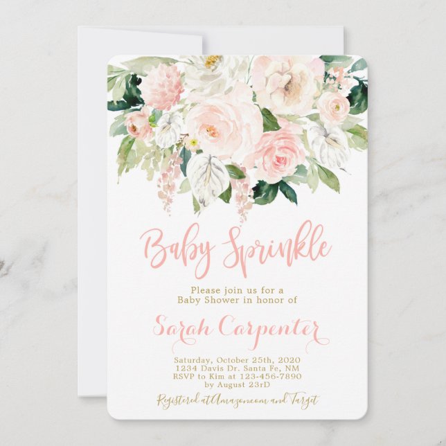 Baby Sprinkle pink watercolor floral girl Invitation (Front)