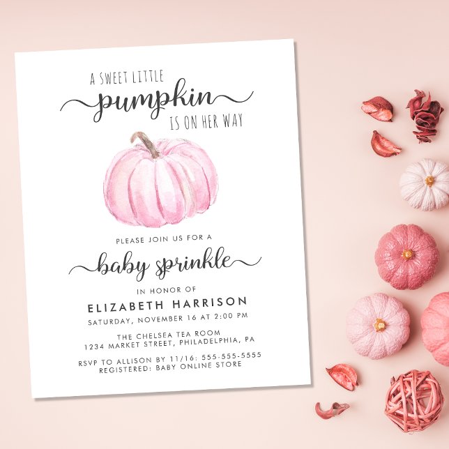 Baby Sprinkle Pumpkin Pink Watercolor Invitation (Celebrate the upcoming arrival of your sweet little autumn baby with a pumpkin-themed baby sprinkle)