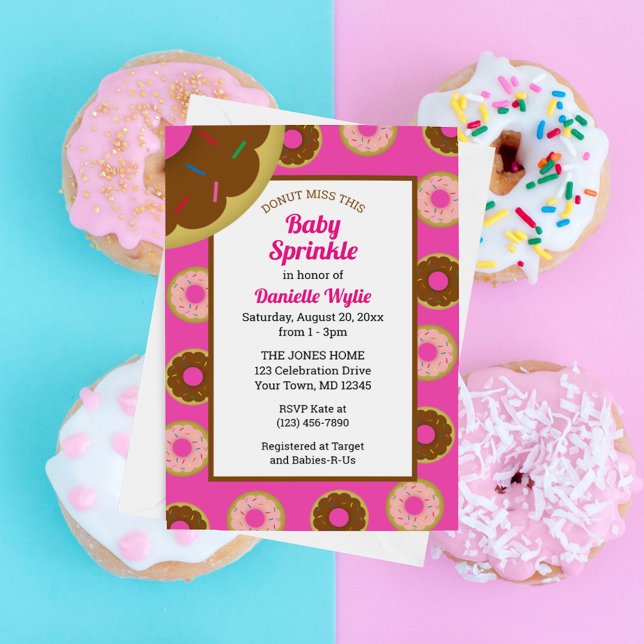 Baby Sprinkle Retro Sprinkled Doughnuts Hot Pink Invitation (Creator Uploaded)
