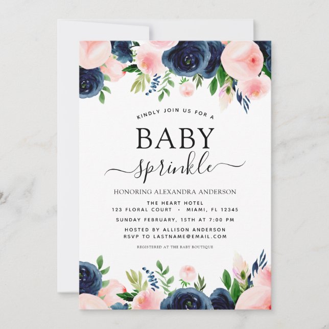 Baby Sprinkle Shower Navy Blue Blush Pink Floral Invitation (Front)