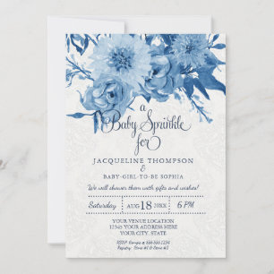 Baby Sprinkle Watercolor Navy Blue Chintz Floral Invitation