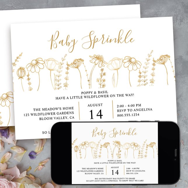 Baby Sprinkle Wildflower Gold Sketch Baby Shower Invitation (little wildflower sprinkle invitation in gold and white - message me to create additional templates)