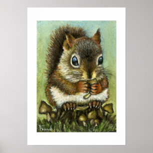 Baby squirrel and mushrooms print