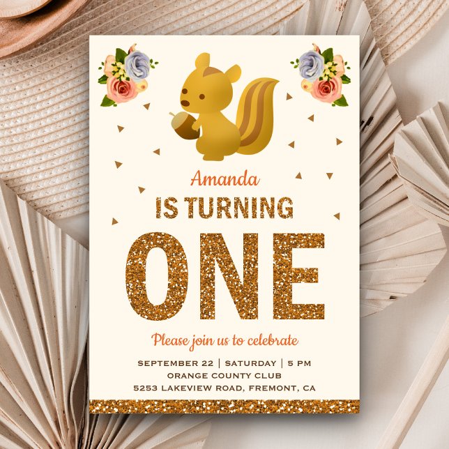 Baby Squirrel Girls Woodland Floral First Birthday Invitation (Creator Uploaded)