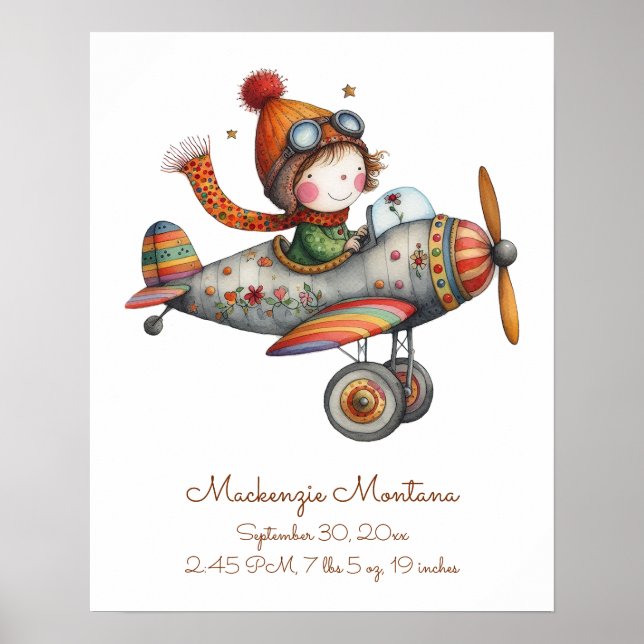 Baby Stats Child Flying Plane Nursery Artwork Poster (Front)