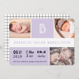Baby Stats Monogram Purple Colour Block Photo Birt Announcement