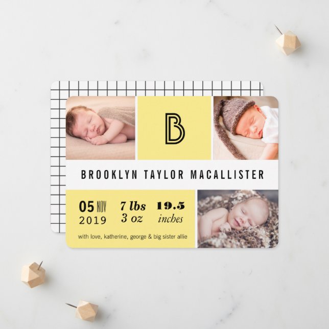 Baby Stats Monogram Yellow Colour Block Photo Birt Announcement (Front/Back In Situ)