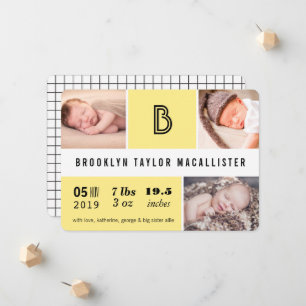 Baby Stats Monogram Yellow Colour Block Photo Birt Announcement