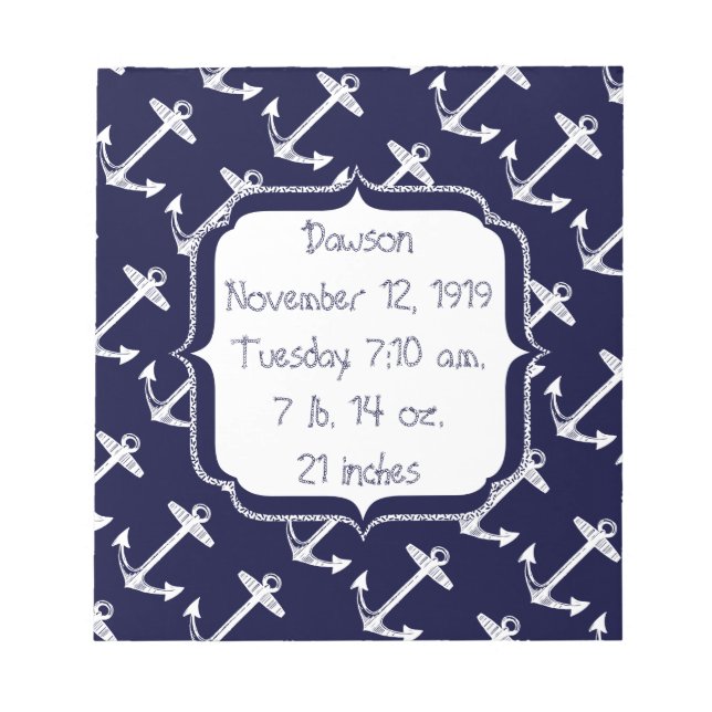 Baby Stats Nautical Navy Anchor Pattern Notepad (Front)