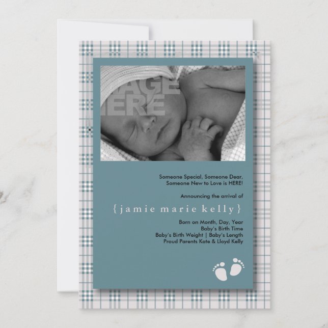 Baby Steps Birth Announcement - Baby Blue Plaid (Front)