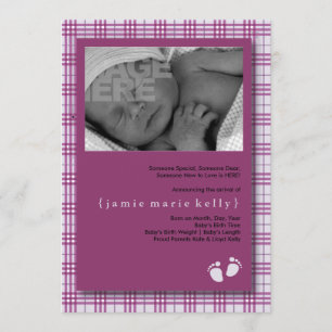 Baby Steps Birth Announcement -Light Purple Plaid