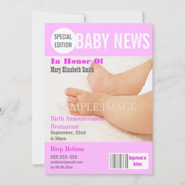 Baby stork party magazine style PERSONALIZE Invitation (Front)