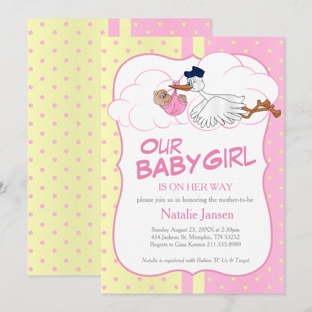 Baby Stork with a Cute Little Baby Girl Invitation (Front/Back)