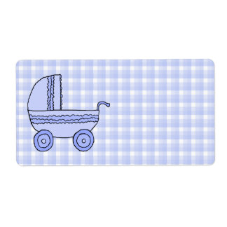 Baby Stroller. Light Blue on Check Pattern.