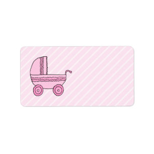 Baby Stroller. Pink on Light Pink Stripes. Label