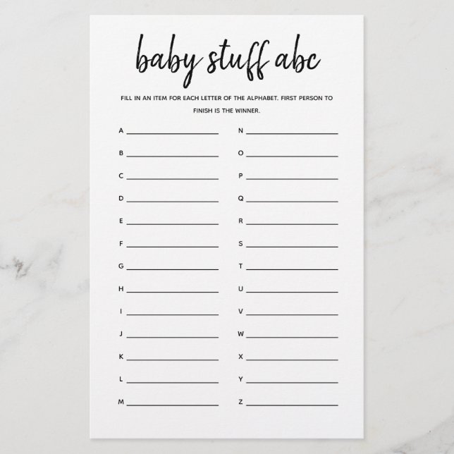 Baby Stuff ABC Minimalist Baby Shower Game (Front)