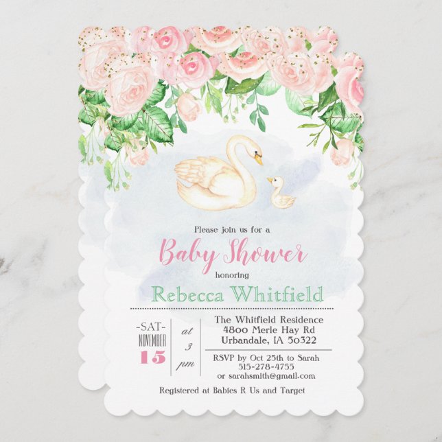 Baby Swan Floral Glitter Baby Shower Invitation (Front/Back)
