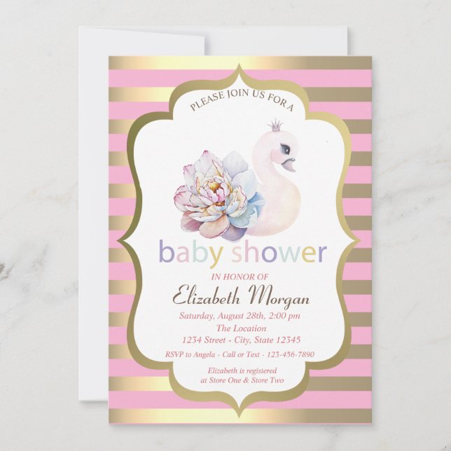 Baby Swan Flower Gold Stripe Baby Shower  Invitation (Front)