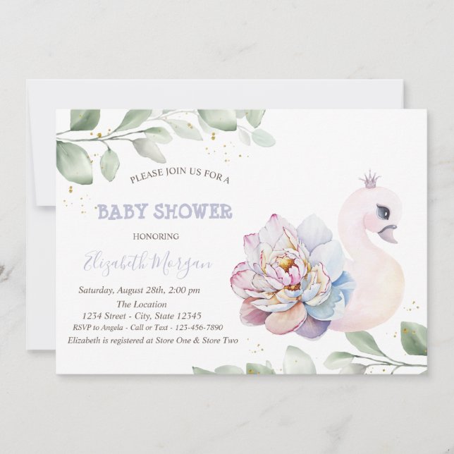 Baby Swan Flower Leaves Baby Shower Invitation (Front)
