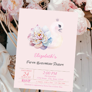 Baby Swan Flower Pink Birthday Invitation