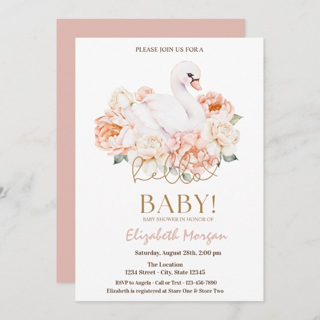 Baby Swan Hello Baby Baby Shower  Invitation (Front/Back)