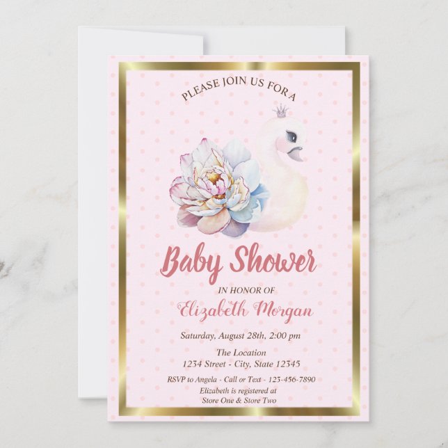 Baby Swan,Polka Dots,Floral Baby Shower Invitation (Front)