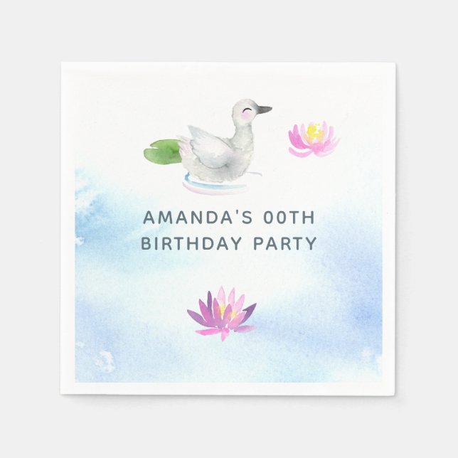 Baby Swan watercolor children's Birthday Party Napkin (Front)
