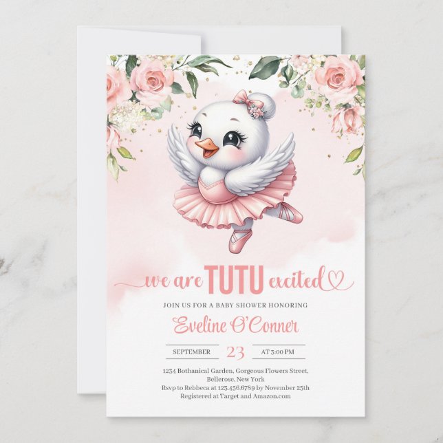 Baby swan with pink tutu dress blush and gold invitation (Front)