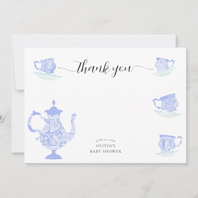 Baby Tea Party Blue China White Lace Boy Shower Thank You Card (Front)