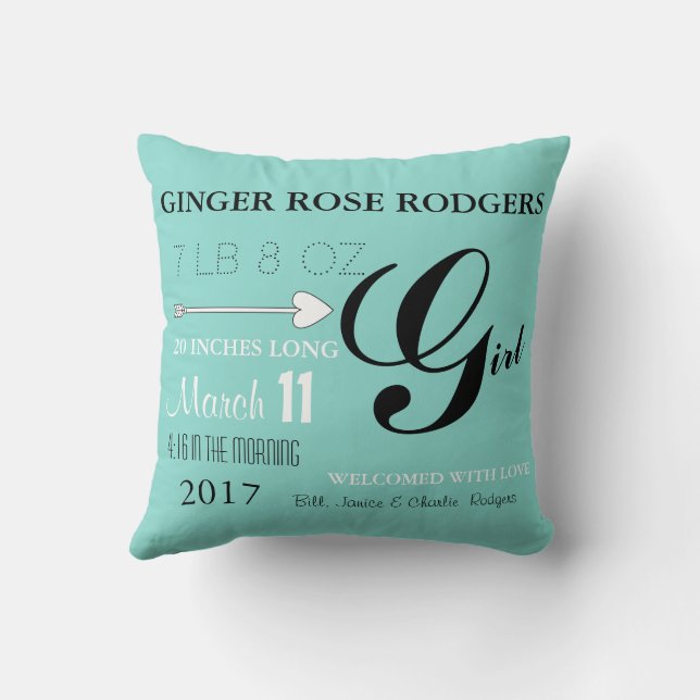 BABY Teal Blue Girl Gender Reveal Nursery Cushion (Back)