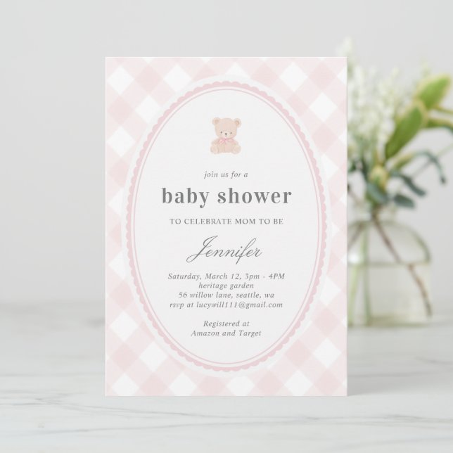 Baby Teddy bear Baby shower_Pink  Invitation (Standing Front)