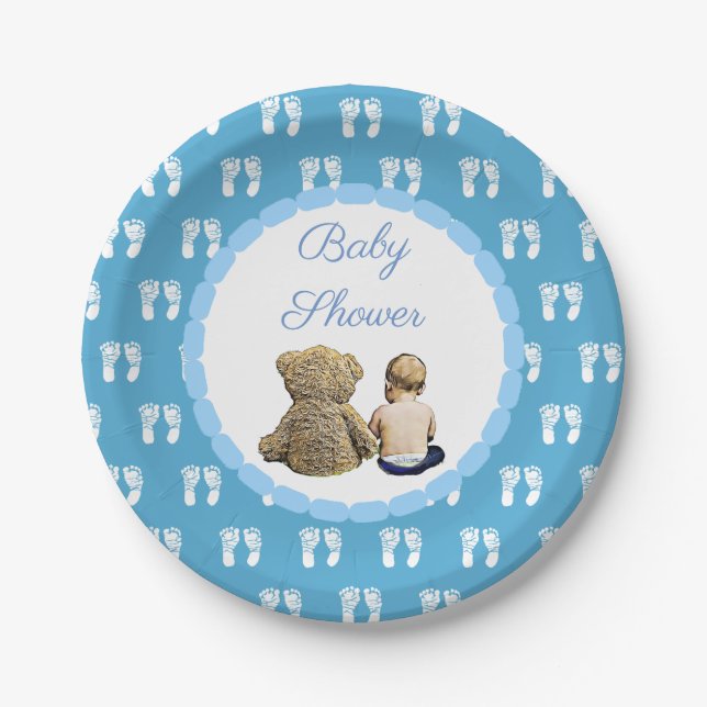Baby & Teddy Bear Blue Footprints Baby Shower Paper Plate (Front)