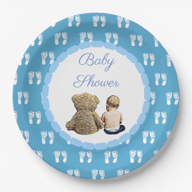 Baby & Teddy Bear Blue Footprints Baby Shower Paper Plate (Front)