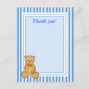 BABY TEDDY BEAR BLUE Stripe Flat Thank you Card