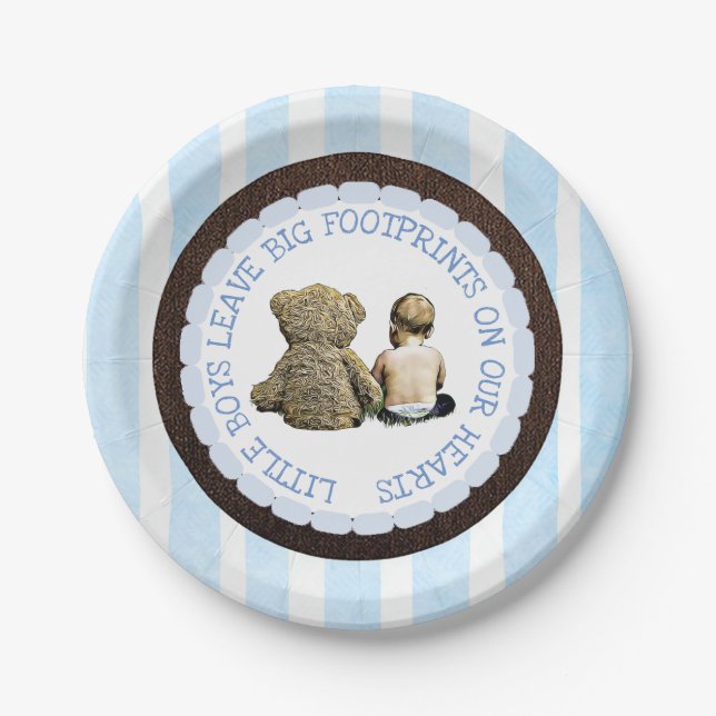 Baby & Teddy Bear Boy Baby Shower Paper Plates (Front)