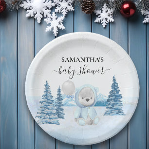 Baby Teddy Bear Christmas Winter Blue Paper Plate