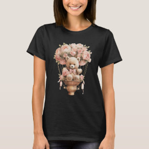 Baby Teddy Bear Pink Peony Flower Hot Air Balloon T-Shirt