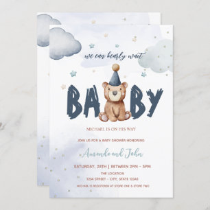Baby Teddy Bear Stars Clouds Baby Shower   Invitation