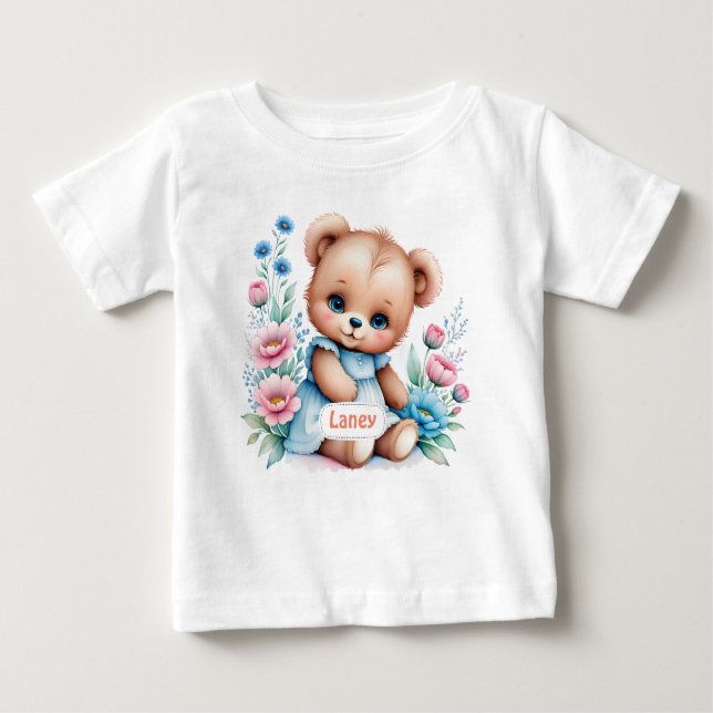 Baby Teddy bear with watercolor florals T-Shirt (Front)
