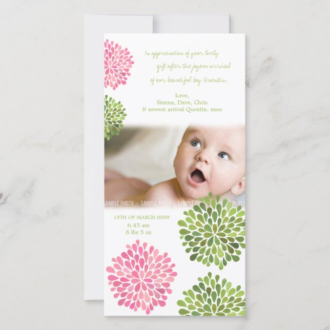Baby Thank You Card Pink & Green Flowers (Front)