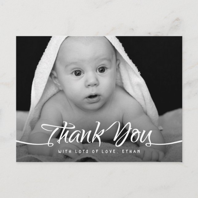 Baby Thank You Custom Photo Chic Hand Script Postcard (Front)